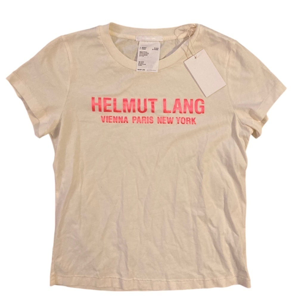 Helmut Lang Cotton Logo Women’s Baby Tee NWT Short Sleeves Cream Shocking Pink - Picture 13 of 13